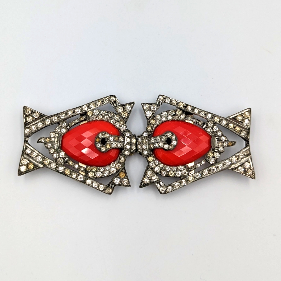 Stunning Art Deco Rhinestones & Red Lucite/Plastic Faceted Elements Belt Buckle
